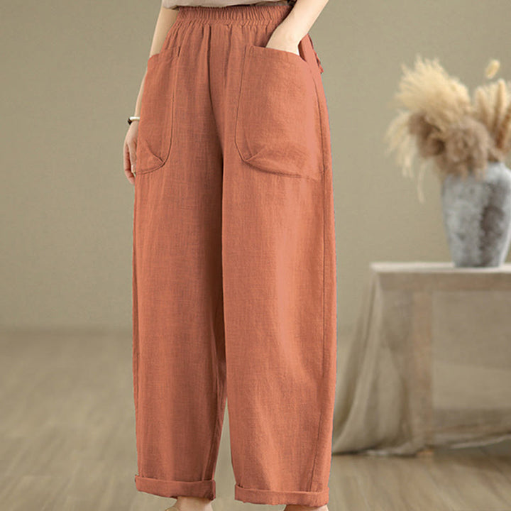 Pantalon sarouel décontracté en coton et lin pour femme, uni, avec poches, motif Buddha Stones