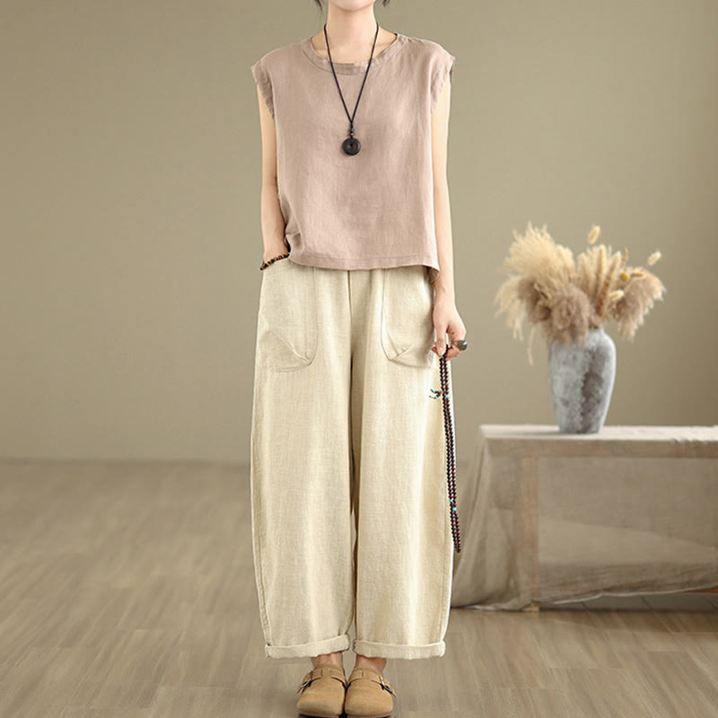 Pantalon sarouel décontracté en coton et lin pour femme, uni, avec poches, motif Buddha Stones - image 1