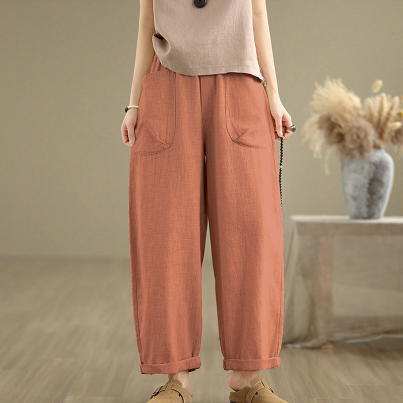 Pantalon sarouel décontracté en coton et lin pour femme, uni, avec poches, motif Buddha Stones
