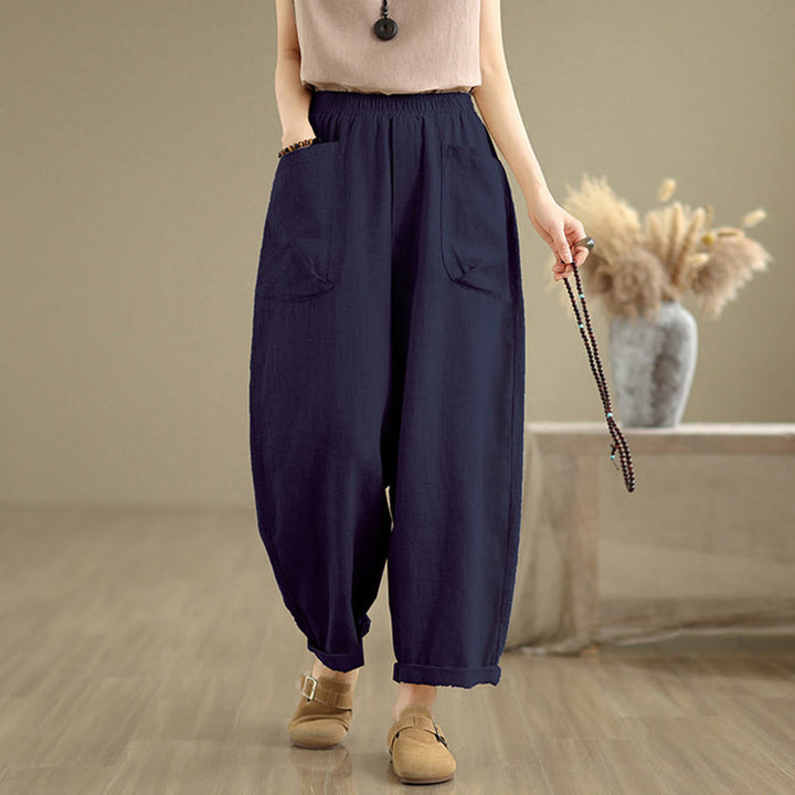 Pantalon sarouel décontracté en coton et lin pour femme, uni, avec poches, motif Buddha Stones