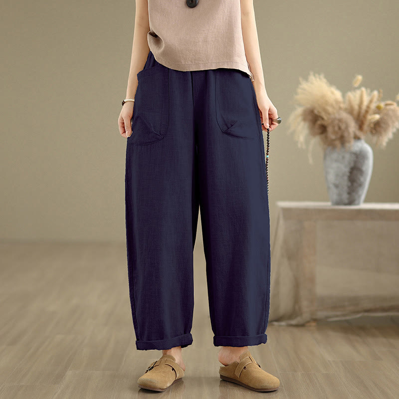Pantalon sarouel décontracté en coton et lin pour femme, uni, avec poches, motif Buddha Stones
