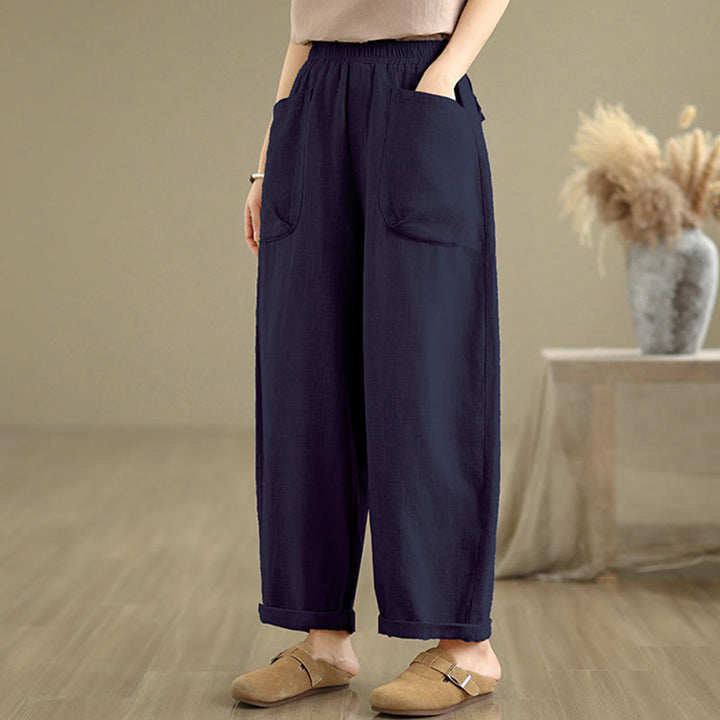 Pantalon sarouel décontracté en coton et lin pour femme, uni, avec poches, motif Buddha Stones