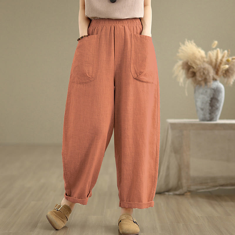 Pantalon sarouel décontracté en coton et lin pour femme, uni, avec poches, motif Buddha Stones