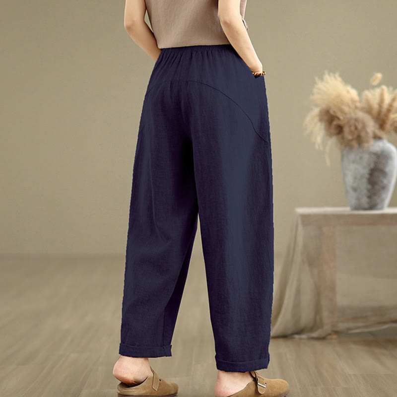 Pantalon sarouel décontracté en coton et lin pour femme, uni, avec poches, motif Buddha Stones