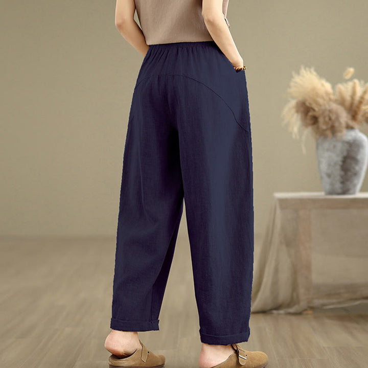 Pantalon sarouel décontracté en coton et lin pour femme, uni, avec poches, motif Buddha Stones