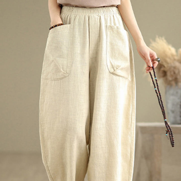 Pantalon sarouel décontracté en coton et lin pour femme, uni, avec poches, motif Buddha Stones