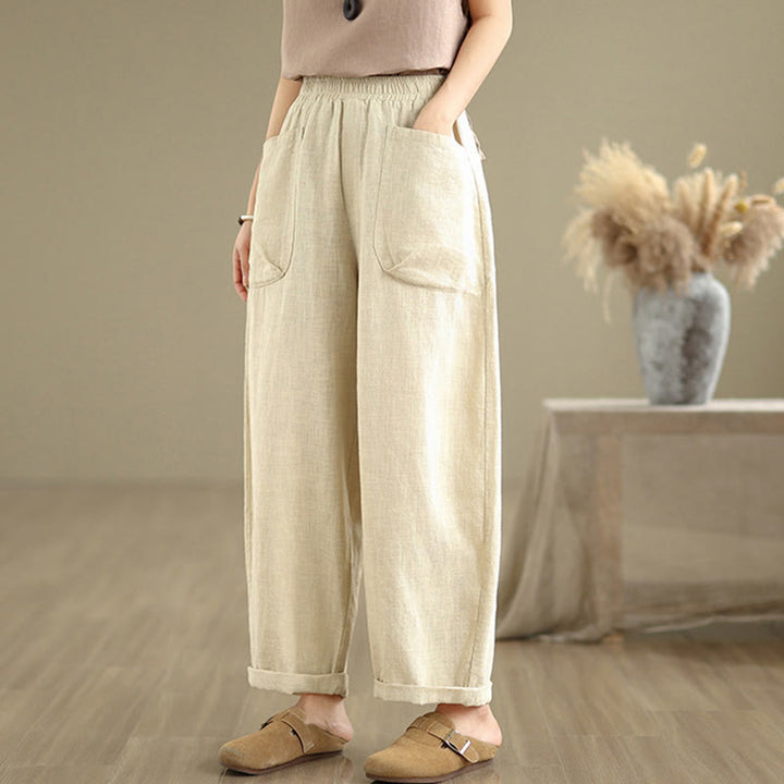Pantalon sarouel décontracté en coton et lin pour femme, uni, avec poches, motif Buddha Stones