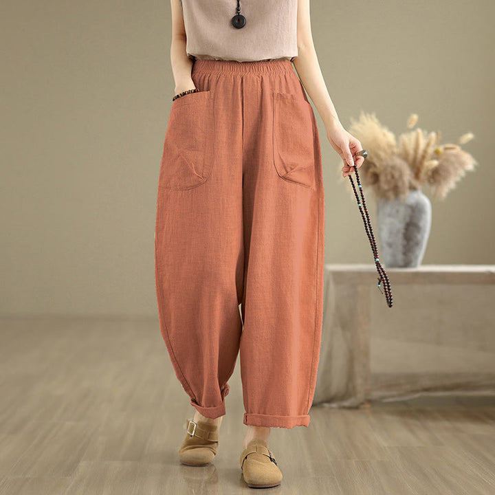 Pantalon sarouel décontracté en coton et lin pour femme, uni, avec poches, motif Buddha Stones