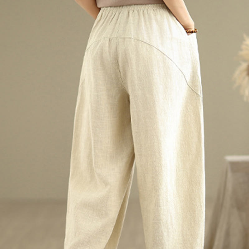 Pantalon sarouel décontracté en coton et lin pour femme, uni, avec poches, motif Buddha Stones