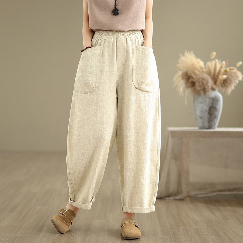 Pantalon sarouel décontracté en coton et lin pour femme, uni, avec poches, motif Buddha Stones - Beige - US8-10，UK/AU12-14，EU40-42 (2XL) - image 0