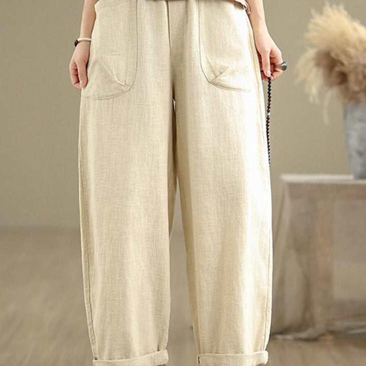 Pantalon sarouel décontracté en coton et lin pour femme, uni, avec poches, motif Buddha Stones