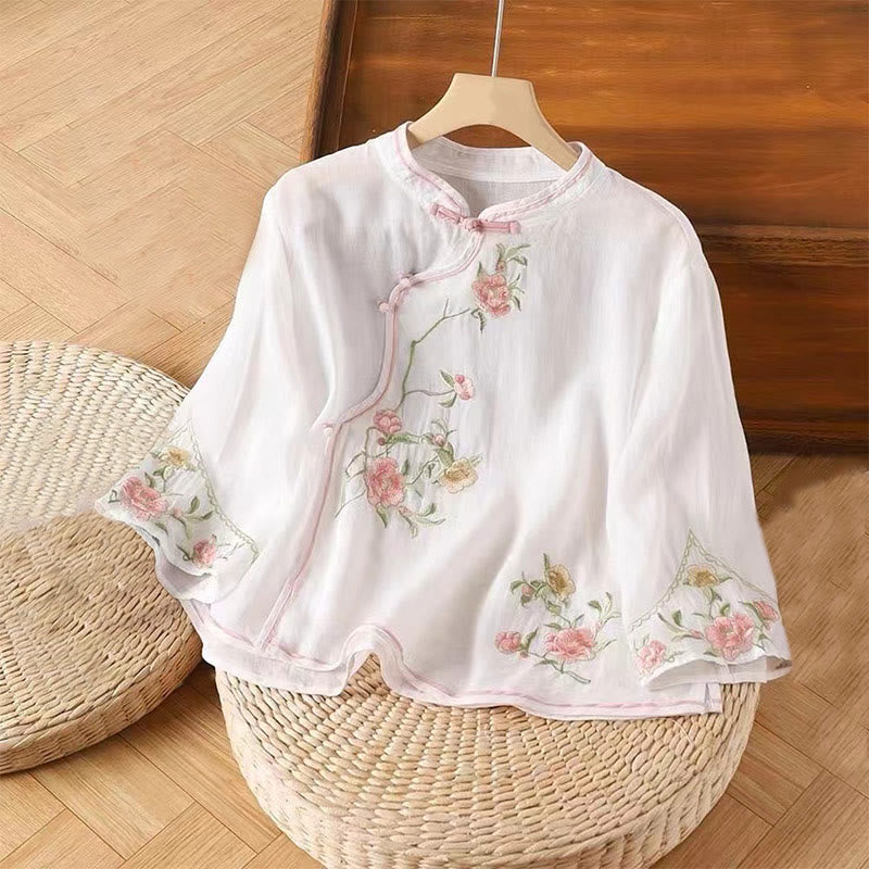 Buddha Stones décontractée en coton et lin pour femme, motif floral brodé vintage, motif grenouille chinoise, col ras du cou, boutons - Blanc - US12，UK/AU16，EU44 (3XL) - image 2