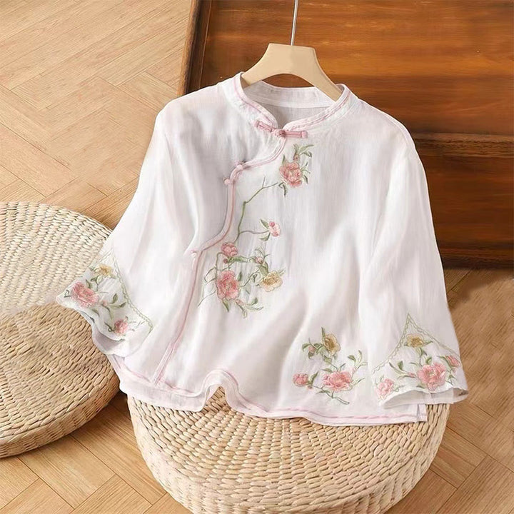 Buddha Stones décontractée en coton et lin pour femme, motif floral brodé vintage, motif grenouille chinoise, col ras du cou, boutons - Blanc - US12，UK/AU16，EU44 (3XL) - image 2