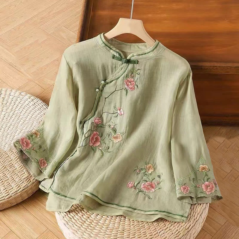 Buddha Stones décontractée en coton et lin pour femme, motif floral brodé vintage, motif grenouille chinoise, col ras du cou, boutons - Vert clair - US12，UK/AU16，EU44 (3XL) - image 5