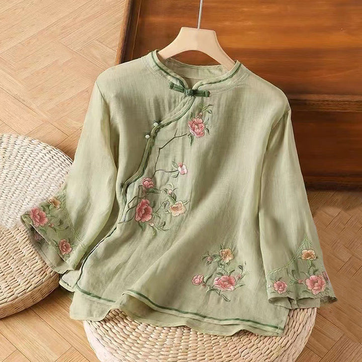 Buddha Stones décontractée en coton et lin pour femme, motif floral brodé vintage, motif grenouille chinoise, col ras du cou, boutons - Vert clair - US12，UK/AU16，EU44 (3XL) - image 5