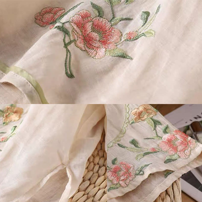 Buddha Stones décontractée en coton et lin pour femme, motif floral brodé vintage, motif grenouille chinoise, col ras du cou, boutons - image 1