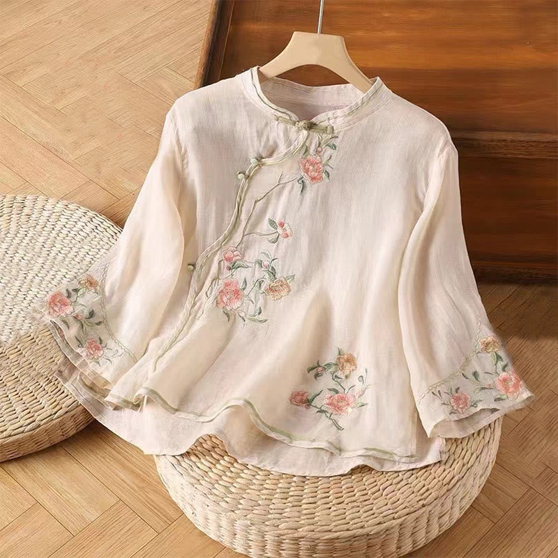 Buddha Stones décontractée en coton et lin pour femme, motif floral brodé vintage, motif grenouille chinoise, col ras du cou, boutons - MistyRose - US12，UK/AU16，EU44 (3XL) - image 0