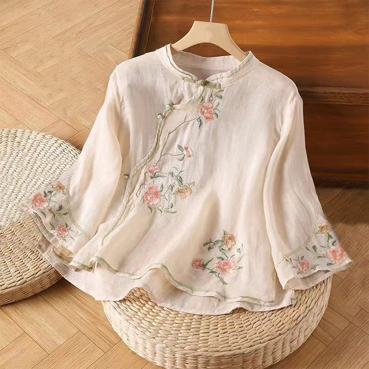 Buddha Stones décontractée en coton et lin pour femme, motif floral brodé vintage, motif grenouille chinoise, col ras du cou, boutons - MistyRose - US12，UK/AU16，EU44 (3XL) - image 0