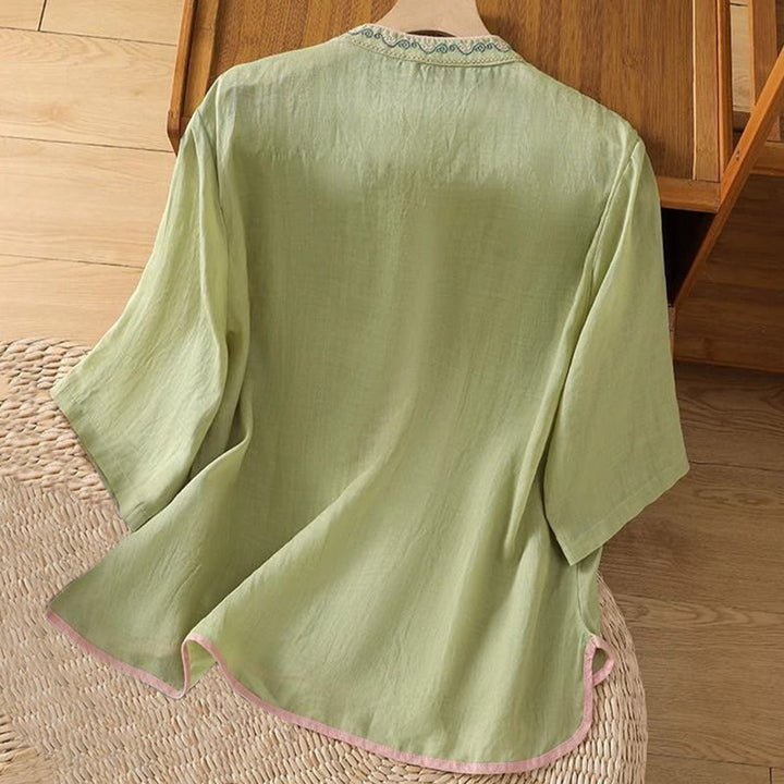 Buddha Stones décontractée en coton et lin pour femme, style ethnique, broderie florale, boutons grenouille, col montant - image 1