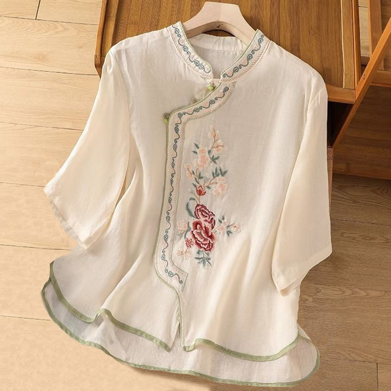 Buddha Stones décontractée en coton et lin pour femme, style ethnique, broderie florale, boutons grenouille, col montant - Beige - US14，UK/AU18，EU46 (4XL) - image 4