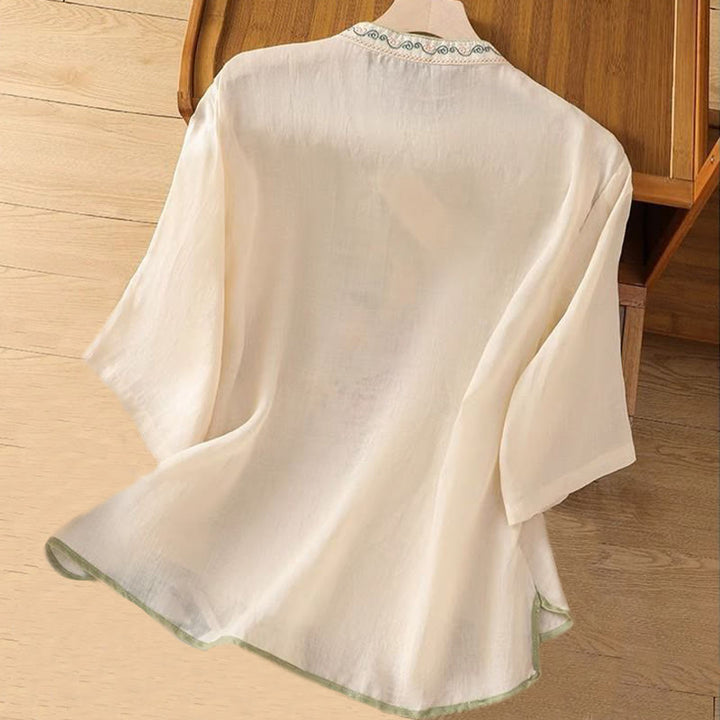 Buddha Stones décontractée en coton et lin pour femme, style ethnique, broderie florale, boutons grenouille, col montant - image 5