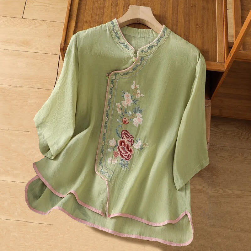 Buddha Stones décontractée en coton et lin pour femme, style ethnique, broderie florale, boutons grenouille, col montant - Vert clair - US14，UK/AU18，EU46 (4XL) - image 0