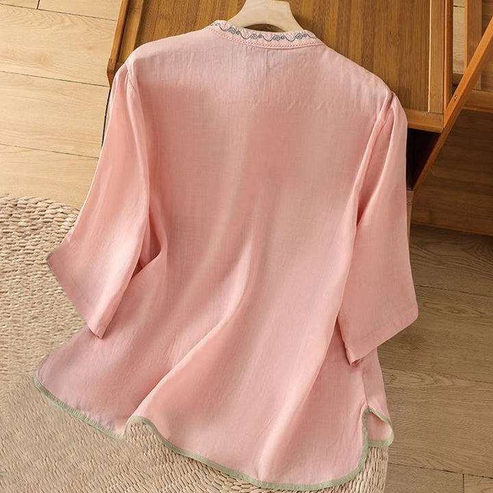 Buddha Stones décontractée en coton et lin pour femme, style ethnique, broderie florale, boutons grenouille, col montant - image 3