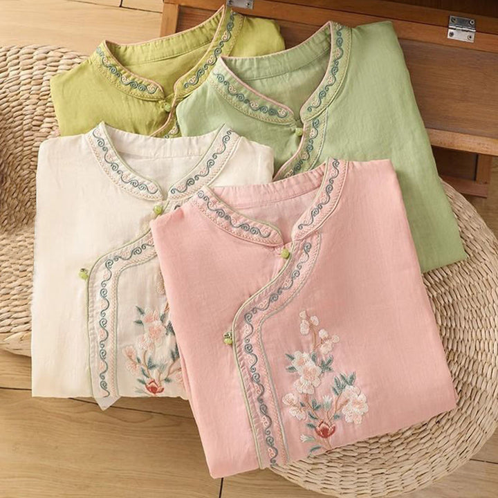 Buddha Stones décontractée en coton et lin pour femme, style ethnique, broderie florale, boutons grenouille, col montant - image 9