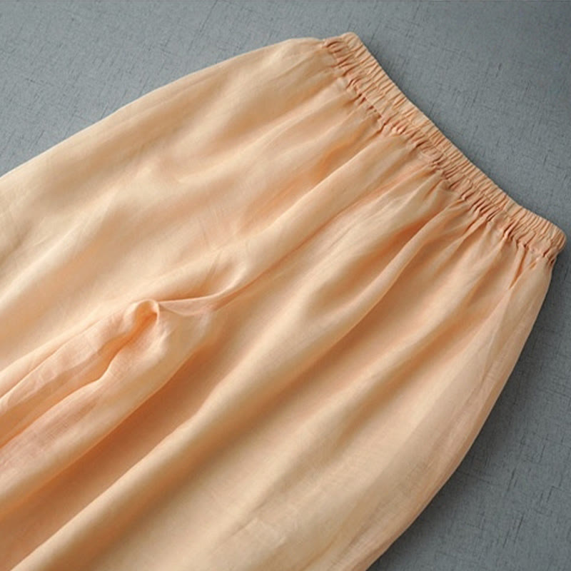 Pantalon large Buddha Stones en ramie uni avec poches pour femme, longueur 7-8