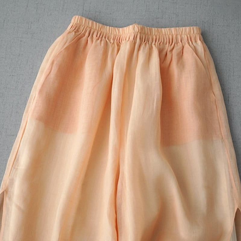 Pantalon large Buddha Stones en ramie uni avec poches pour femme, longueur 7-8 - image 5