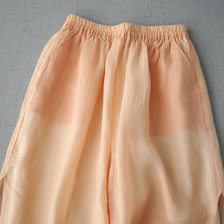 Pantalon large Buddha Stones en ramie uni avec poches pour femme, longueur 7-8 - image 5