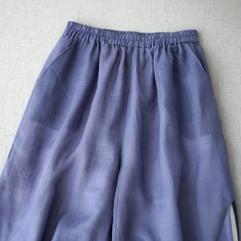 Pantalon large Buddha Stones en ramie uni avec poches pour femme, longueur 7-8 - image 1