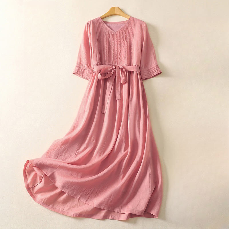 Robe mi-longue d'été à manches courtes et plis pour femme, en coton et lin, avec poches, motif Buddha Stones - MistyRose - US8-10，UK/AU12-14，EU40-42 (2XL) - image 0