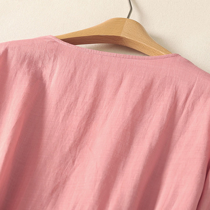 Robe mi-longue d'été à manches courtes et plis pour femme, en coton et lin, avec poches, motif Buddha Stones - image 3