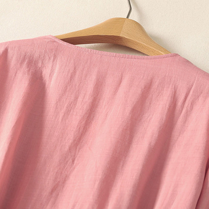 Robe mi-longue d'été à manches courtes et plis pour femme, en coton et lin, avec poches, motif Buddha Stones - image 3