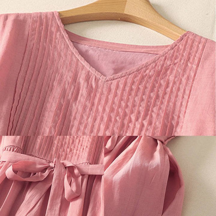 Robe mi-longue d'été à manches courtes et plis pour femme, en coton et lin, avec poches, motif Buddha Stones - image 7