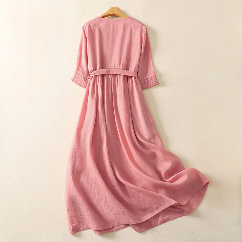 Robe mi-longue d'été à manches courtes et plis pour femme, en coton et lin, avec poches, motif Buddha Stones - image 1