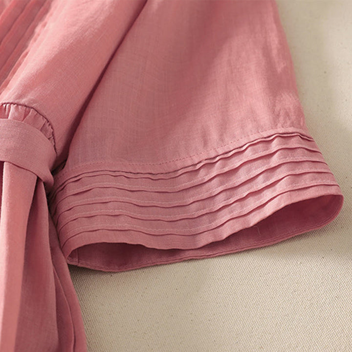 Robe mi-longue d'été à manches courtes et plis pour femme, en coton et lin, avec poches, motif Buddha Stones - image 6