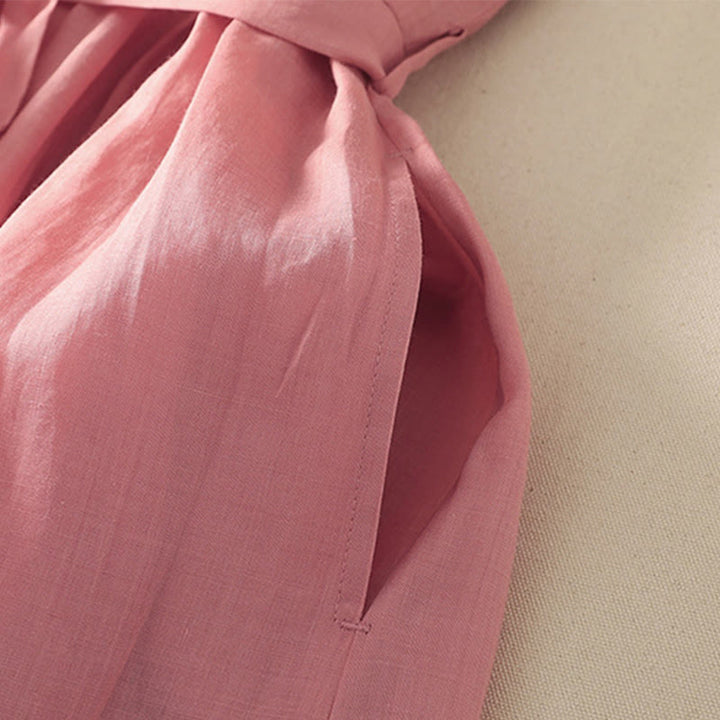 Robe mi-longue d'été à manches courtes et plis pour femme, en coton et lin, avec poches, motif Buddha Stones - image 4