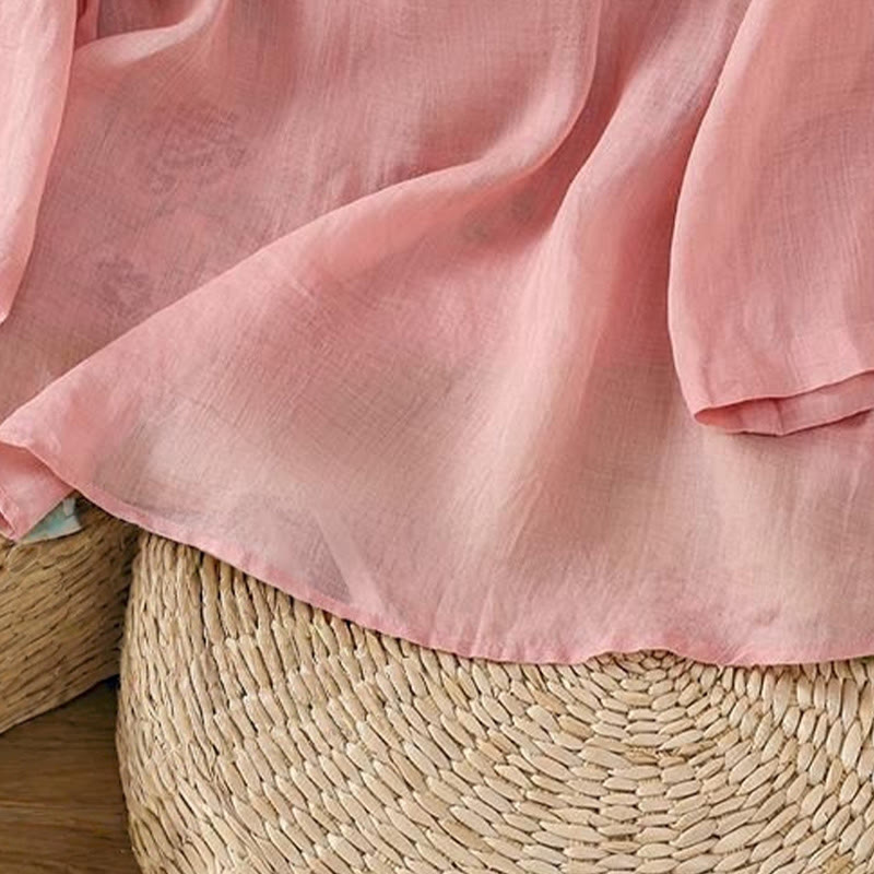 Chemise d'été à manches trois-quarts en coton et lin pour femme, style Buddha Stones , broderie florale, boutons grenouille, couleur assortie - image 10