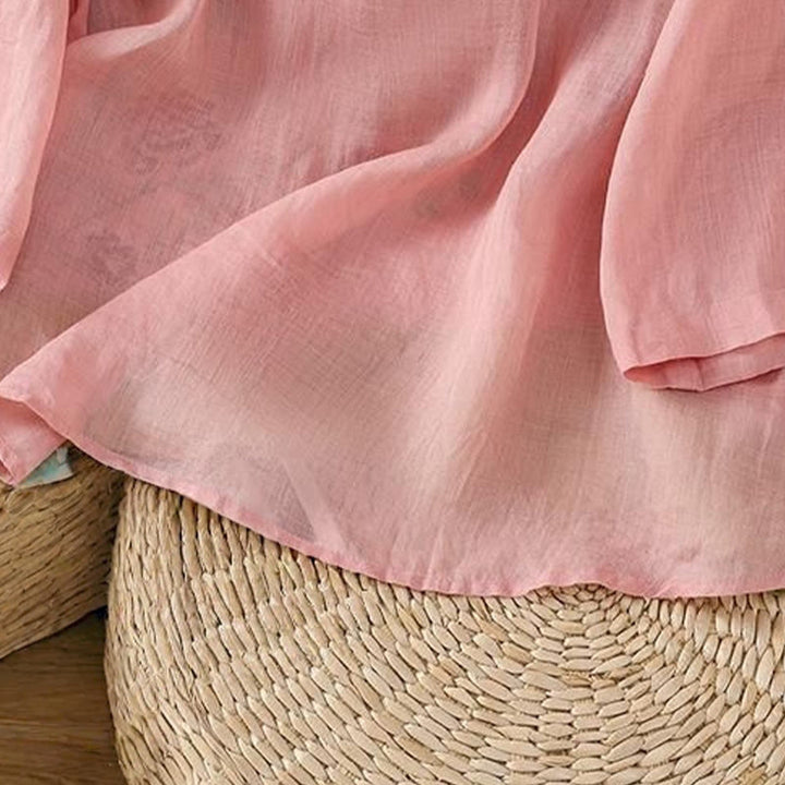 Chemise d'été à manches trois-quarts en coton et lin pour femme, style Buddha Stones , broderie florale, boutons grenouille, couleur assortie - image 10