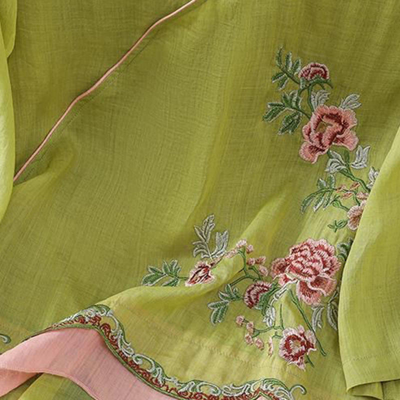 Chemise d'été à manches trois-quarts en coton et lin pour femme, style Buddha Stones , broderie florale, boutons grenouille, couleur assortie - image 14