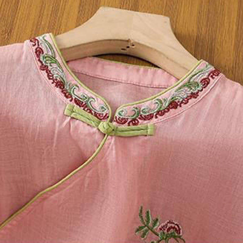 Chemise d'été à manches trois-quarts en coton et lin pour femme, style Buddha Stones , broderie florale, boutons grenouille, couleur assortie - image 6