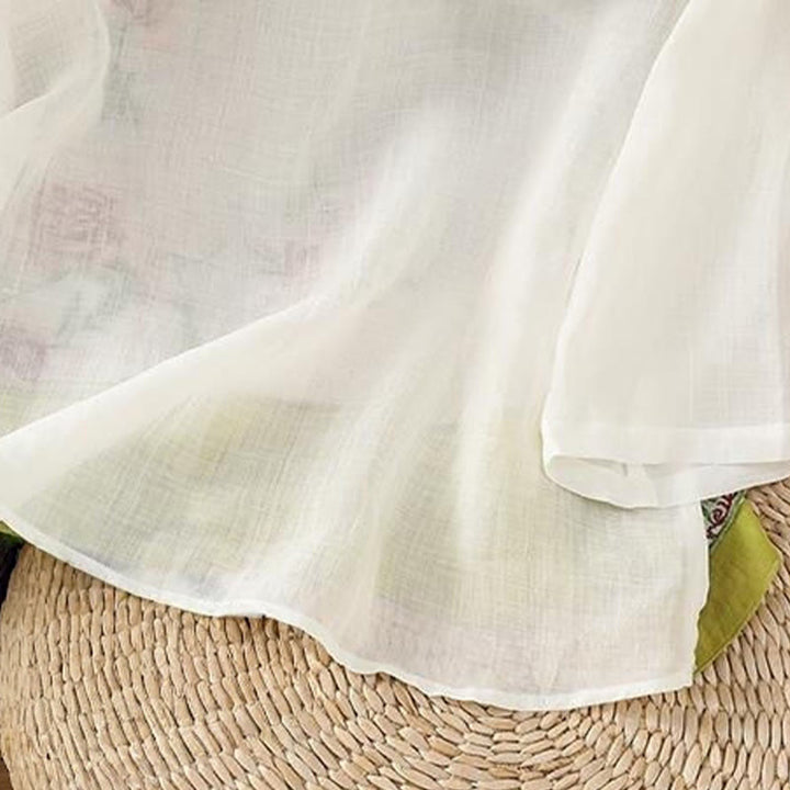 Chemise d'été à manches trois-quarts en coton et lin pour femme, style Buddha Stones , broderie florale, boutons grenouille, couleur assortie - image 3