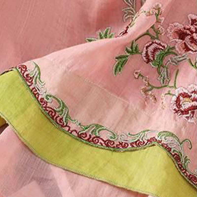 Chemise d'été à manches trois-quarts en coton et lin pour femme, style Buddha Stones , broderie florale, boutons grenouille, couleur assortie - image 11