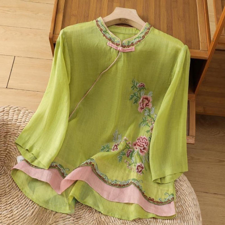 Chemise d'été à manches trois-quarts en coton et lin pour femme, style Buddha Stones , broderie florale, boutons grenouille, couleur assortie - JauneVert - US8-10，UK/AU12-14，EU40-42 (2XL) - image 12