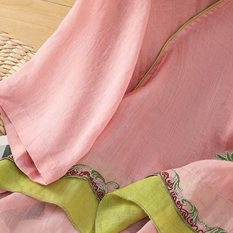 Chemise d'été à manches trois-quarts en coton et lin pour femme, style Buddha Stones , broderie florale, boutons grenouille, couleur assortie - image 9