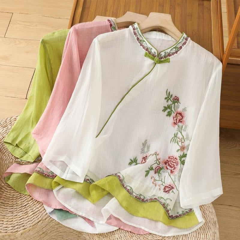 Chemise d'été à manches trois-quarts en coton et lin pour femme, style Buddha Stones , broderie florale, boutons grenouille, couleur assortie - image 17