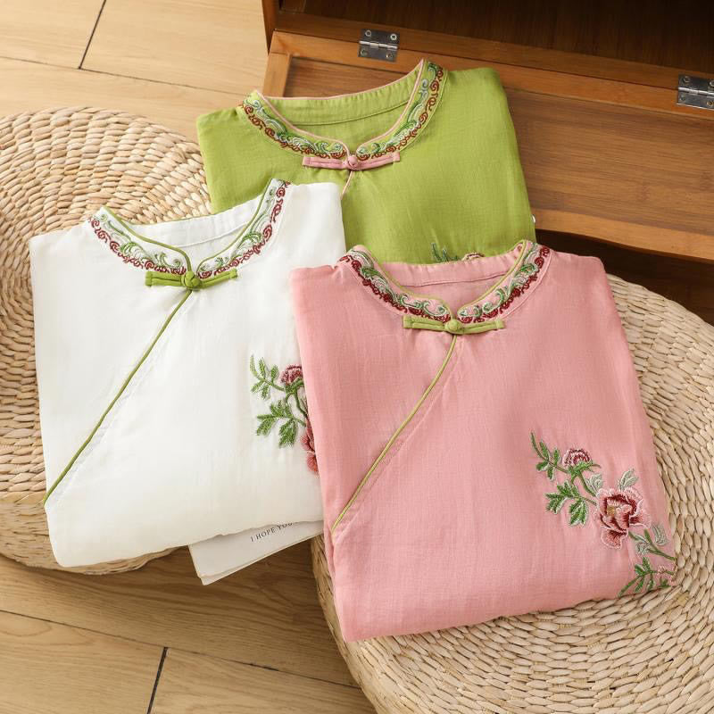 Chemise d'été à manches trois-quarts en coton et lin pour femme, style Buddha Stones , broderie florale, boutons grenouille, couleur assortie - image 18