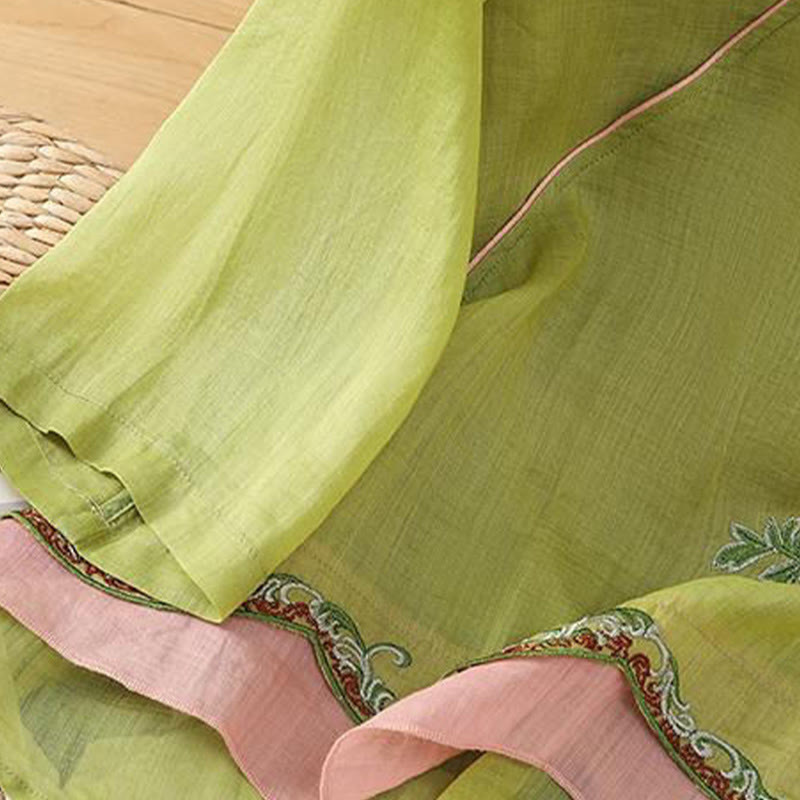 Chemise d'été à manches trois-quarts en coton et lin pour femme, style Buddha Stones , broderie florale, boutons grenouille, couleur assortie - image 15